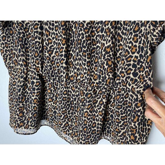 J. Crew Women's Tan Black Leopard Print Ruffle Neck Short Sleeve Peplum Blouse - Picture 7 of 12